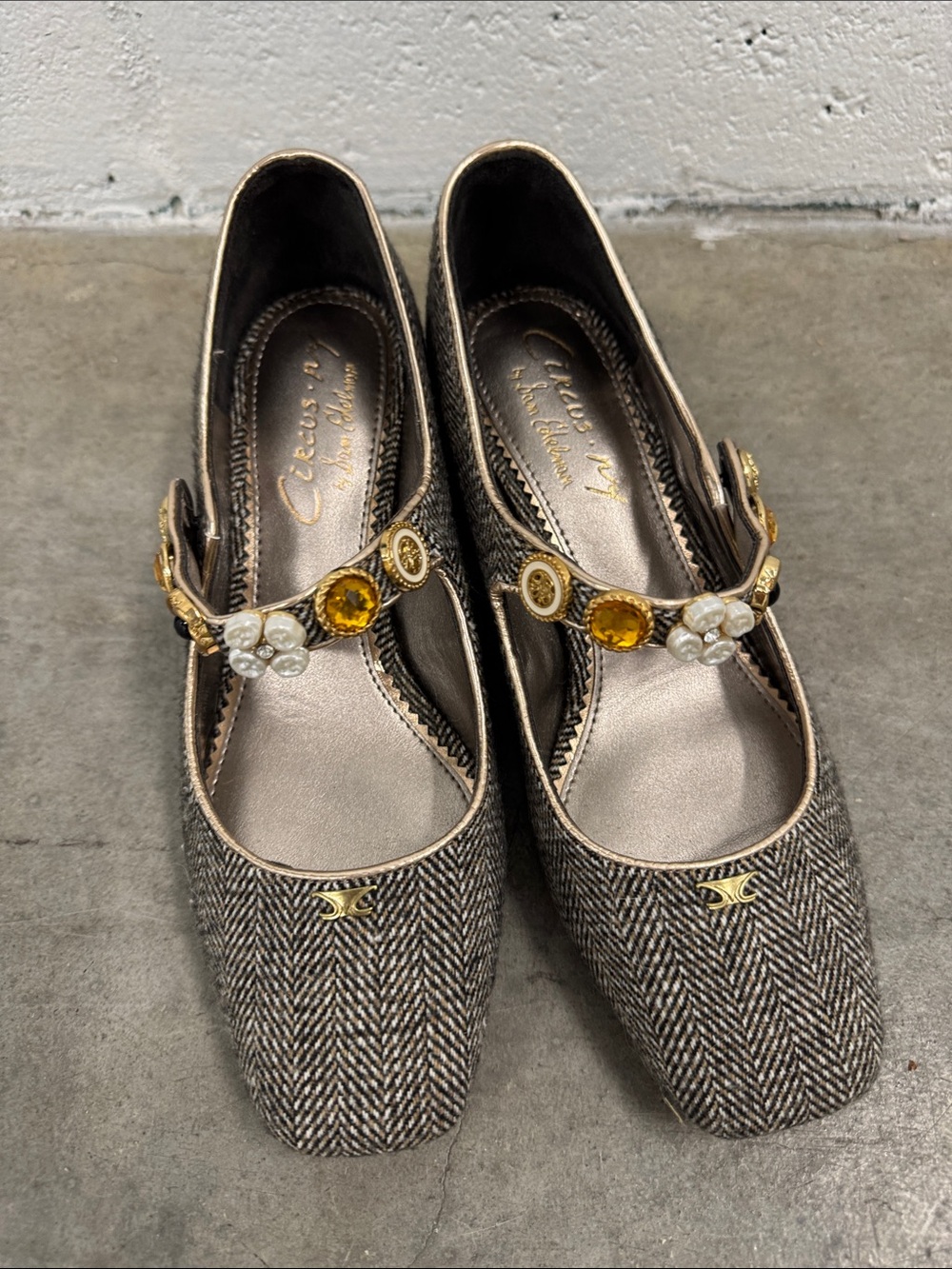 Sam Edelman Brown Tweed Mary Jane Heels with Gold & Amber Accents